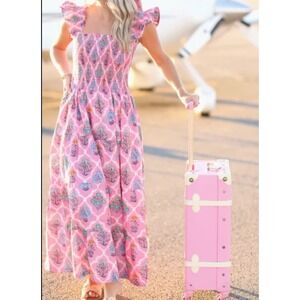 Darlington Isle Pink Floral smocked square neck flutter sleeve Maxi Dress Size S